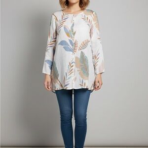 Cynthia Rowley Floral Print Linen Button-Up‎ Blouse Women's Plus Size 2XL